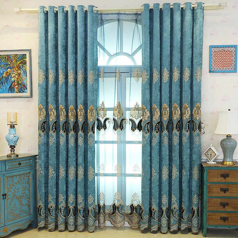 Draperie pentru fereastră în stil european pentru living și dormitor, țesătură chenille + voal gazos, finisaj brodat, capăt plat, decorativ și cu umbrire completă