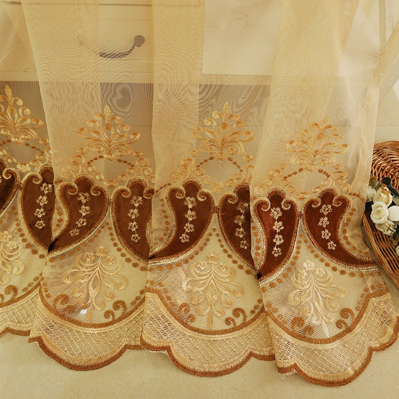 Draperie pentru fereastră în stil european pentru living și dormitor, țesătură chenille + voal gazos, finisaj brodat, capăt plat, decorativ și cu umbrire completă