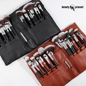 Set de pensule de machiaj, 25 bucăți, fibre nylon, mânere din lemn, în husă pentru pensule