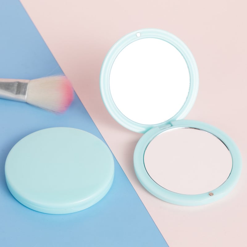 Αναδιπλούμενο στρογγυλό καθρέφτης μακιγιάζ, διπλής όψης με αλουμινένιο φακό, πλαίσιο PU/PS/PVC