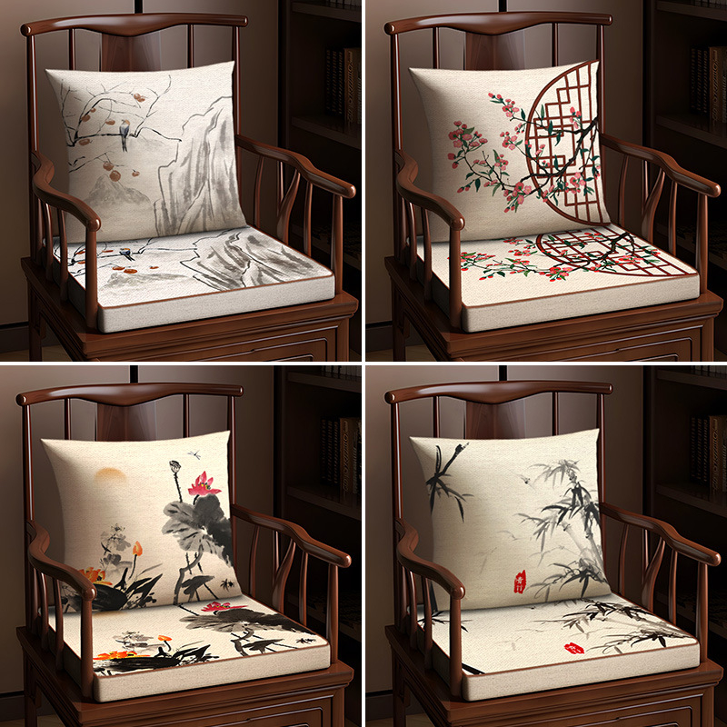 Възглавница за стол, памук и лен, растителен принт, хол и офис, нов китайски стил