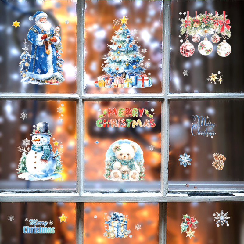 Naljepnica za prozor: Djed Mraz, Snježko, Medvjed i Božićno drvce – romantična PVC dekoracija, pakiranje Opp bag, Beauty Painting