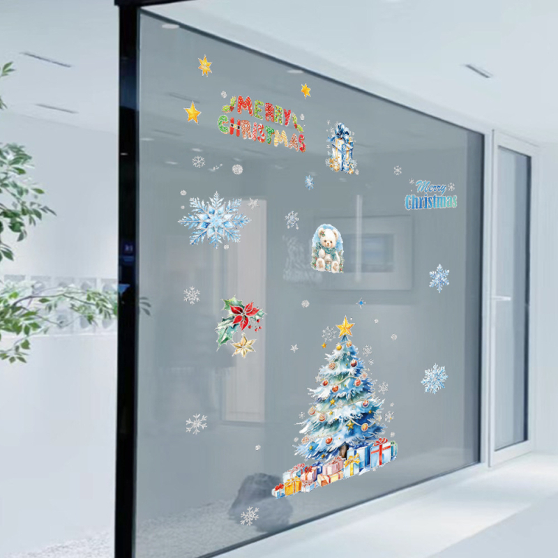 Naljepnica za prozor: Djed Mraz, Snježko, Medvjed i Božićno drvce – romantična PVC dekoracija, pakiranje Opp bag, Beauty Painting
