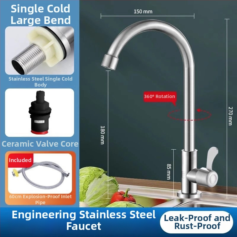 Konyhai hideg víz, egykaros csap, forgatható, rozsdamentes acélból, kerámia korongos szelep