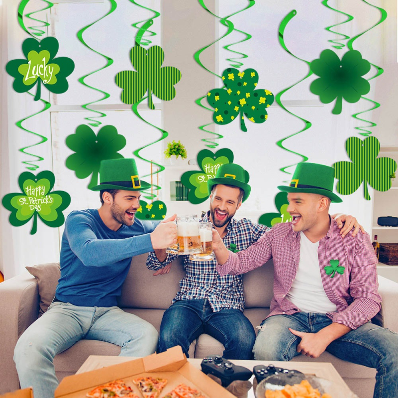 Szent Patrik-napi spirálfüggő dísz – háromlevelű lóhere motívum, kerek papír dekoráció szalaggal, otthoni dekorációhoz és bulikhoz