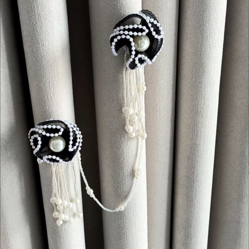 Ukras za zavjese s nizom perli i cvjetnim motivom, poliestersko vlakno, bez prilagodbe, lagani luksuz