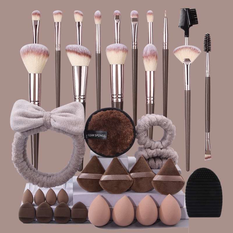 Charmoving Σετ 36 τεμαχίων πινέλων μακιγιάζ και σφουγγαριού, φορητό, περιλαμβάνει σφουγγάρι προσώπου και λαστιχάκι μαλλιών