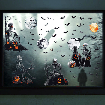 Halloween 3D szellem, koponya és denevér motívumos ablakmatrica, PVC, 4 darabos készlet, dekoráció