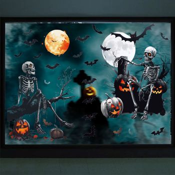 Halloween 3D szellem, koponya és denevér motívumos ablakmatrica, PVC, 4 darabos készlet, dekoráció