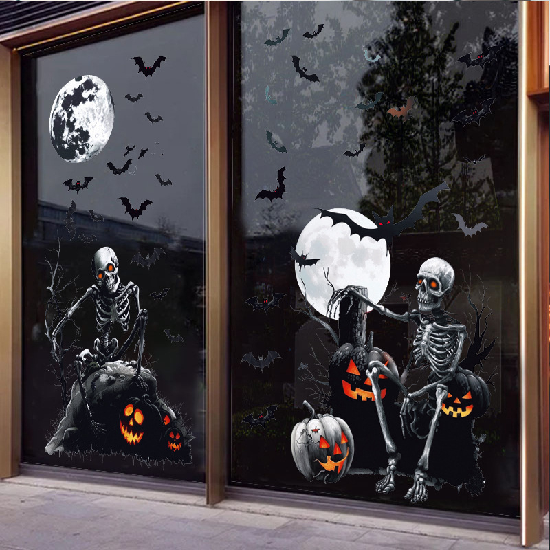 Halloween 3D szellem, koponya és denevér motívumos ablakmatrica, PVC, 4 darabos készlet, dekoráció