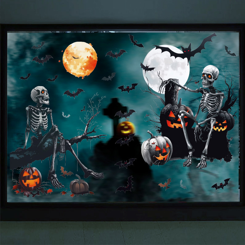 Halloween 3D szellem, koponya és denevér motívumos ablakmatrica, PVC, 4 darabos készlet, dekoráció