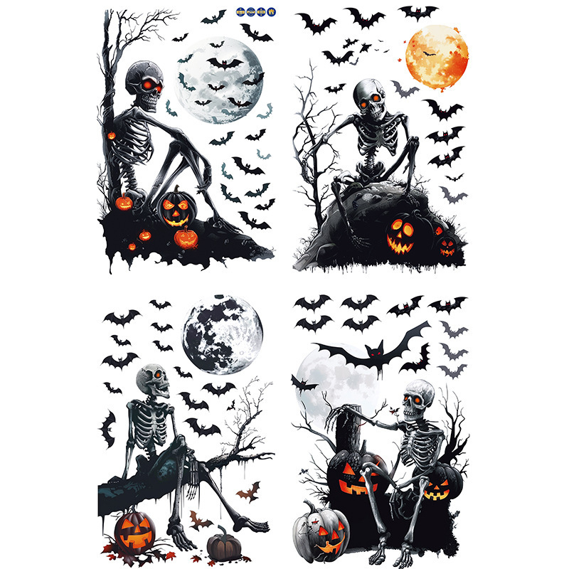 Halloween 3D szellem, koponya és denevér motívumos ablakmatrica, PVC, 4 darabos készlet, dekoráció