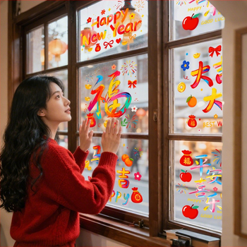 Statický okenný nálepka z PVC filmu – motív Rok Koňa so symbolom šťastia a dizajnom okenného kvetu pre atmosférickú dekoráciu