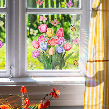 Αυτοκόλλητο παραθύρου με τουλίπες και πεταλούδες; PVC στατικό διακοσμητικό αυτοκόλλητο για σαλόνι, υπνοδωμάτιο, γραφείο (1 τεμάχιο)