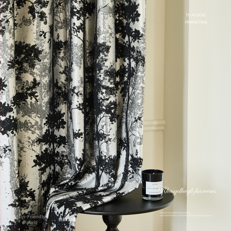 Crno-bijeli jacquard zavjese materijal u Hepburn stilu, visokoprecizno bojanje vlakana, cvjetni dezen, po narudžbi