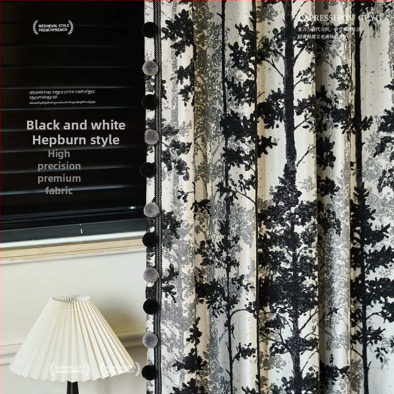 Crno-bijeli jacquard zavjese materijal u Hepburn stilu, visokoprecizno bojanje vlakana, cvjetni dezen, po narudžbi