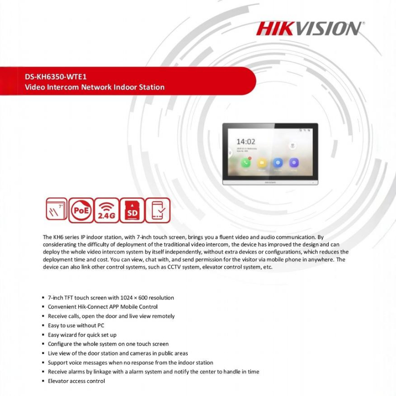 DS-KH6350-WTE1 Stație interioară de videointercom