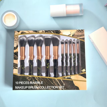 Set make-up četkica s mramornim uzorkom, 10 četkica, dlačice od najlona/sintetičkih vlakana, u kutiji, plastične drške, prijenosni dizajn