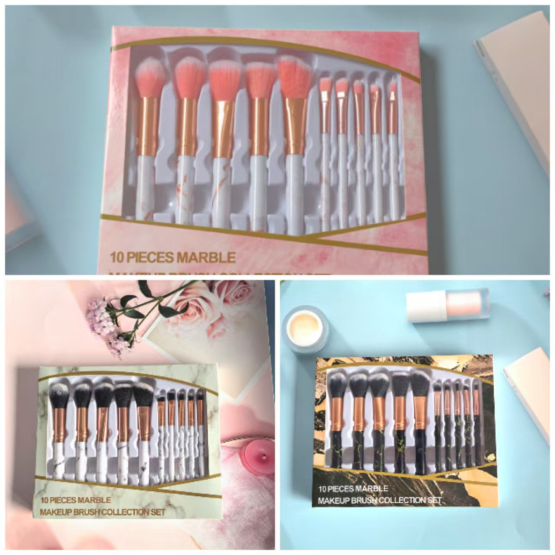 Set make-up četkica s mramornim uzorkom, 10 četkica, dlačice od najlona/sintetičkih vlakana, u kutiji, plastične drške, prijenosni dizajn