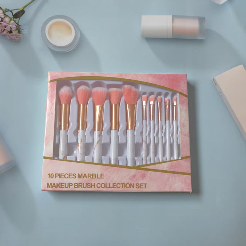 Set make-up četkica s mramornim uzorkom, 10 četkica, dlačice od najlona/sintetičkih vlakana, u kutiji, plastične drške, prijenosni dizajn