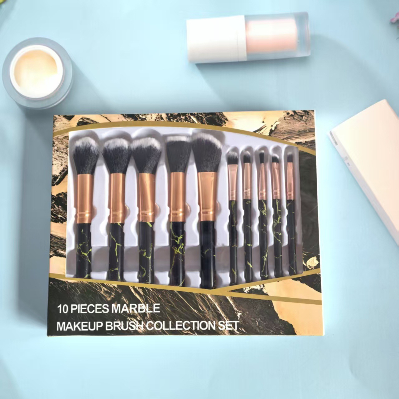 Set make-up četkica s mramornim uzorkom, 10 četkica, dlačice od najlona/sintetičkih vlakana, u kutiji, plastične drške, prijenosni dizajn