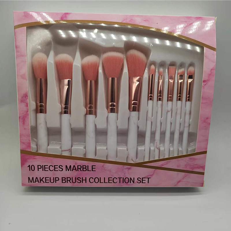 Set make-up četkica s mramornim uzorkom, 10 četkica, dlačice od najlona/sintetičkih vlakana, u kutiji, plastične drške, prijenosni dizajn