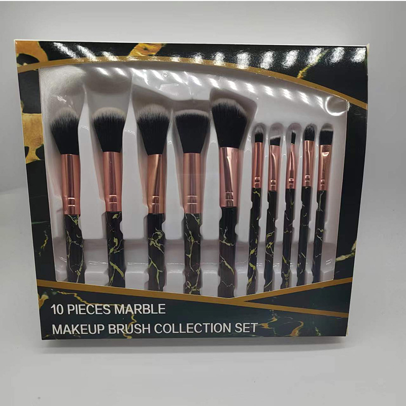 Set make-up četkica s mramornim uzorkom, 10 četkica, dlačice od najlona/sintetičkih vlakana, u kutiji, plastične drške, prijenosni dizajn