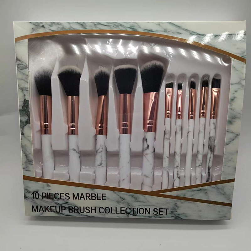 Set make-up četkica s mramornim uzorkom, 10 četkica, dlačice od najlona/sintetičkih vlakana, u kutiji, plastične drške, prijenosni dizajn