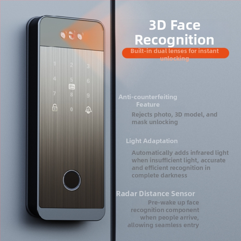 Inteligentný zámok pre železné brány s rozpoznávaním tváre, dlaňovým odtlačkom, odtlačkom prsta, heslom a diaľkovým odomknutím, s viditeľným mačacím okom; skenovanie odtlačku 0,1 s, 100 odtlačkov uložených, 100000+ cyklov odomknutia, -20°C až 70°C, vlhkosť