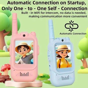 Interfon video pentru copii cu display, bandă duală 136–174 MHz și 400–470 MHz, rază 5–10 km, baterie litiu 2000 mAh