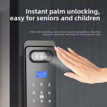 Inteligentná zámka na dvere, vodotesná, s rozpoznávaním podľa odtlačkov, dlane a tváre (50 odtlačkov; 100000+ otvorení; -25°C to 60°C; relatívna vlhkosť 20-95%)