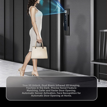 Okos ajtózár 3D arcfelismeréssel, tenyér-érrel és látható kukucó interkom – többfaktoros hozzáférés (ujjlenyomat, jelszó, kulcs, távoli feloldás); szkennelés <0.1 s, FAR <0.01%, FRR <0.001%, akkumulátor, -20…70°C