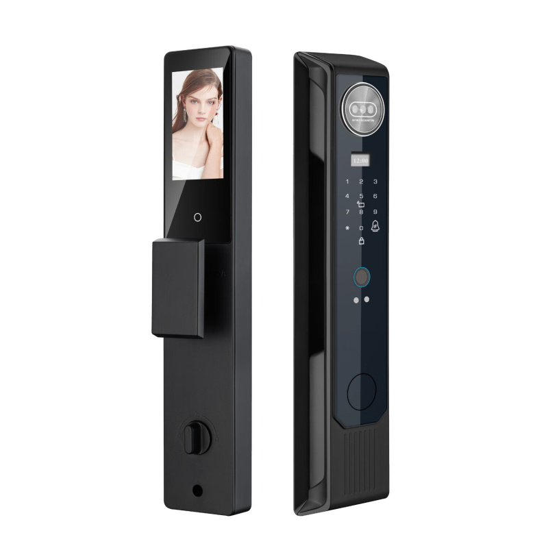 Okos ajtózár 3D arcfelismeréssel, tenyér-érrel és látható kukucó interkom – többfaktoros hozzáférés (ujjlenyomat, jelszó, kulcs, távoli feloldás); szkennelés <0.1 s, FAR <0.01%, FRR <0.001%, akkumulátor, -20…70°C