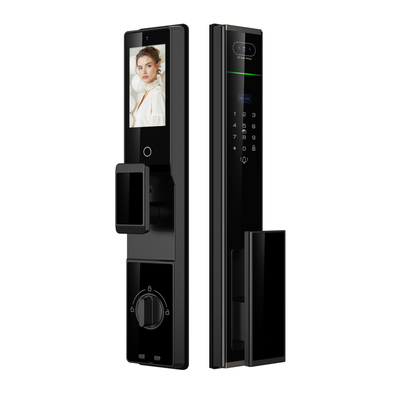 Okos bejárati ajtózár arcfelismeréssel és macskaszem kamerával, távoli feloldás (100 ujjlenyomat-tárolás; 0,5 s beolvasás; FAR 0,01%; FRR 0,01%; -20 °C–65 °C)