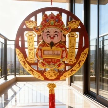 A Gazdagság Istene medálja az bejárati ajtóhoz, fa, Bachuan, forró nyomtatás, kínai stílus, üzleti ajándék