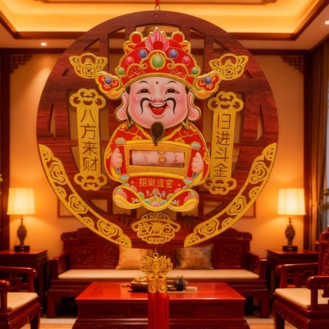 A Gazdagság Istene medálja az bejárati ajtóhoz, fa, Bachuan, forró nyomtatás, kínai stílus, üzleti ajándék
