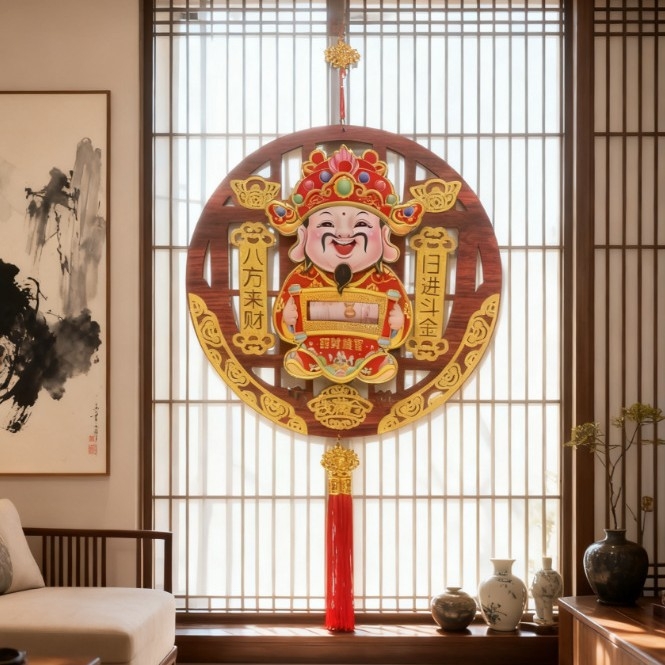 A Gazdagság Istene medálja az bejárati ajtóhoz, fa, Bachuan, forró nyomtatás, kínai stílus, üzleti ajándék