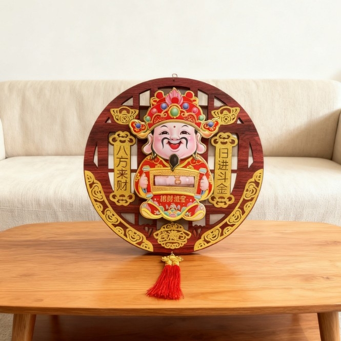 A Gazdagság Istene medálja az bejárati ajtóhoz, fa, Bachuan, forró nyomtatás, kínai stílus, üzleti ajándék
