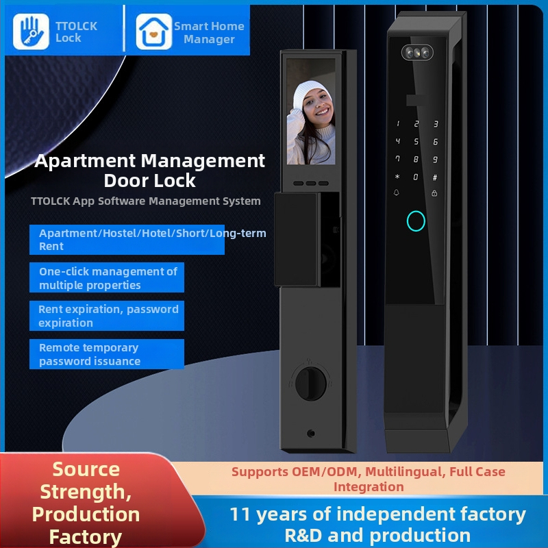 Okos WiFi ajtózár ujjlenyomat- és arcfelismeréssel, interkom, vízálló, hozzáférés jelszóval (50 ujjlenyomat-tároló kapacitás; >100000 nyitás; olvasási idő <2 s; anti-spoofing <0.001%; hamis elutasítás <1,0%)