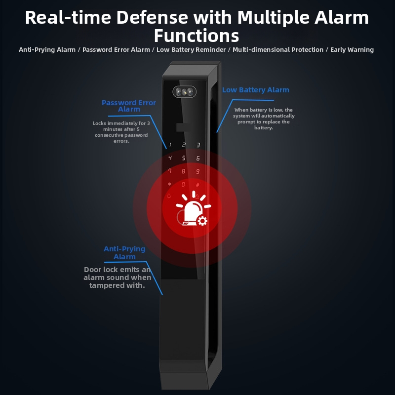 Okos WiFi ajtózár ujjlenyomat- és arcfelismeréssel, interkom, vízálló, hozzáférés jelszóval (50 ujjlenyomat-tároló kapacitás; >100000 nyitás; olvasási idő <2 s; anti-spoofing <0.001%; hamis elutasítás <1,0%)