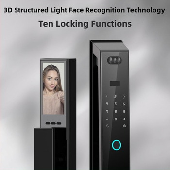 Okos ajtózár ujjlenyomat, jelszó és 3D arcfelismerés és távoli feloldás funkcióval (300 ujjlenyomat-tároló kapacitás; szkennelési idő <2 s; FAR 0,001; FRR 0,001; DC tápegység)