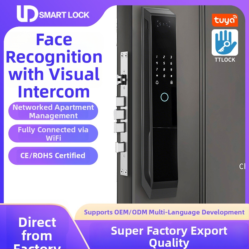 Okos ajtózár ujjlenyomat, jelszó és 3D arcfelismerés és távoli feloldás funkcióval (300 ujjlenyomat-tároló kapacitás; szkennelési idő <2 s; FAR 0,001; FRR 0,001; DC tápegység)