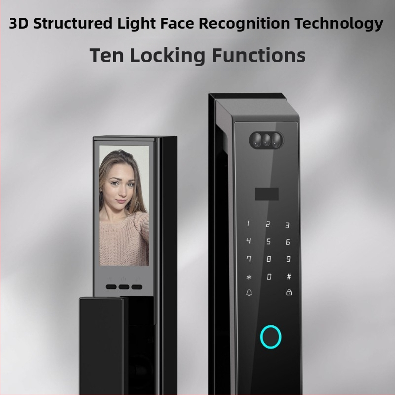 Okos ajtózár ujjlenyomat, jelszó és 3D arcfelismerés és távoli feloldás funkcióval (300 ujjlenyomat-tároló kapacitás; szkennelési idő <2 s; FAR 0,001; FRR 0,001; DC tápegység)