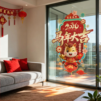Годината на коня – статичен PVC стикер за прозорец, декоративна украса за прозорец, опаковка хартиена тръба, марка Rong Heng