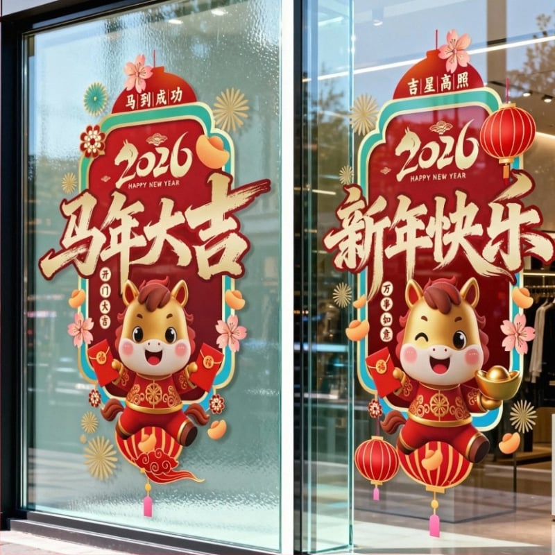 Годината на коня – статичен PVC стикер за прозорец, декоративна украса за прозорец, опаковка хартиена тръба, марка Rong Heng