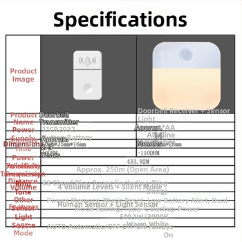 WB06-2 Bezdrôtový zvonček do dverí s indukčnou lampou a diaľkovým ovládaním, napájanie AA batériou, 4,5V, 38 tónov zvonenia