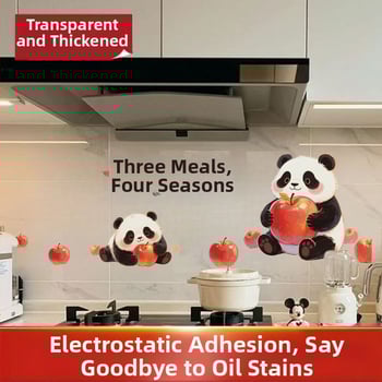 Αυτοκόλλητο τοίχου κουζίνας – Panda Apple μοτίβο, ανθεκτικό σε λιπαρά, καρτούν επίπεδη διακόσμηση, 1 τεμάχιο, φιλμ πλαστικό