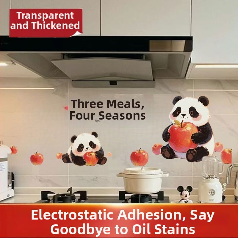 Αυτοκόλλητο τοίχου κουζίνας – Panda Apple μοτίβο, ανθεκτικό σε λιπαρά, καρτούν επίπεδη διακόσμηση, 1 τεμάχιο, φιλμ πλαστικό