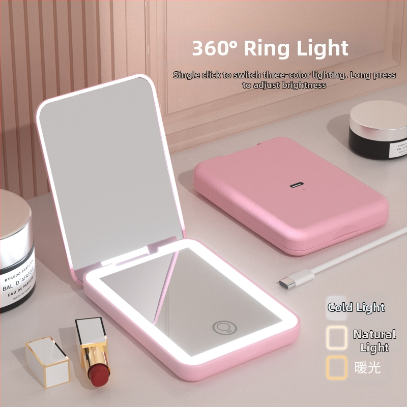 Sklopné prenosné LED zrkadlo na líčenie s 2x zväčšením a trojfarebným osvetlením