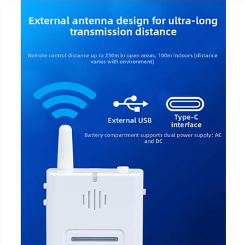 Bezdrôtový zvonček RG200 – prijímač s Type-C napájaním; vysielač 12V23A; dosah až 250 m (cez stenu 100 m); napájanie prijímača: 3x AA batérie alebo priame pripojenie; prevádzková teplota -20°C až 45°C